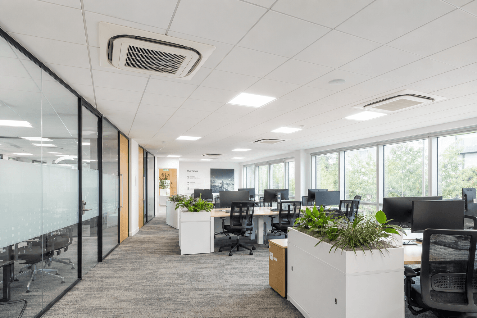 Ceiling cassette air conditioning in a modern UK office