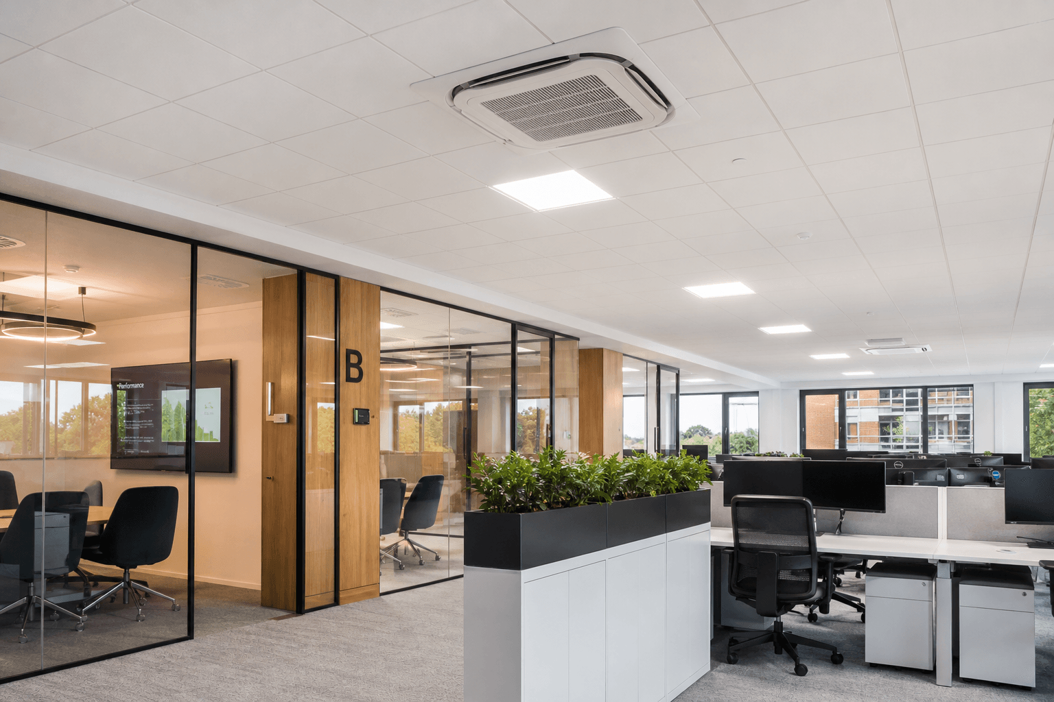 Ceiling cassette air conditioning in a commercial office