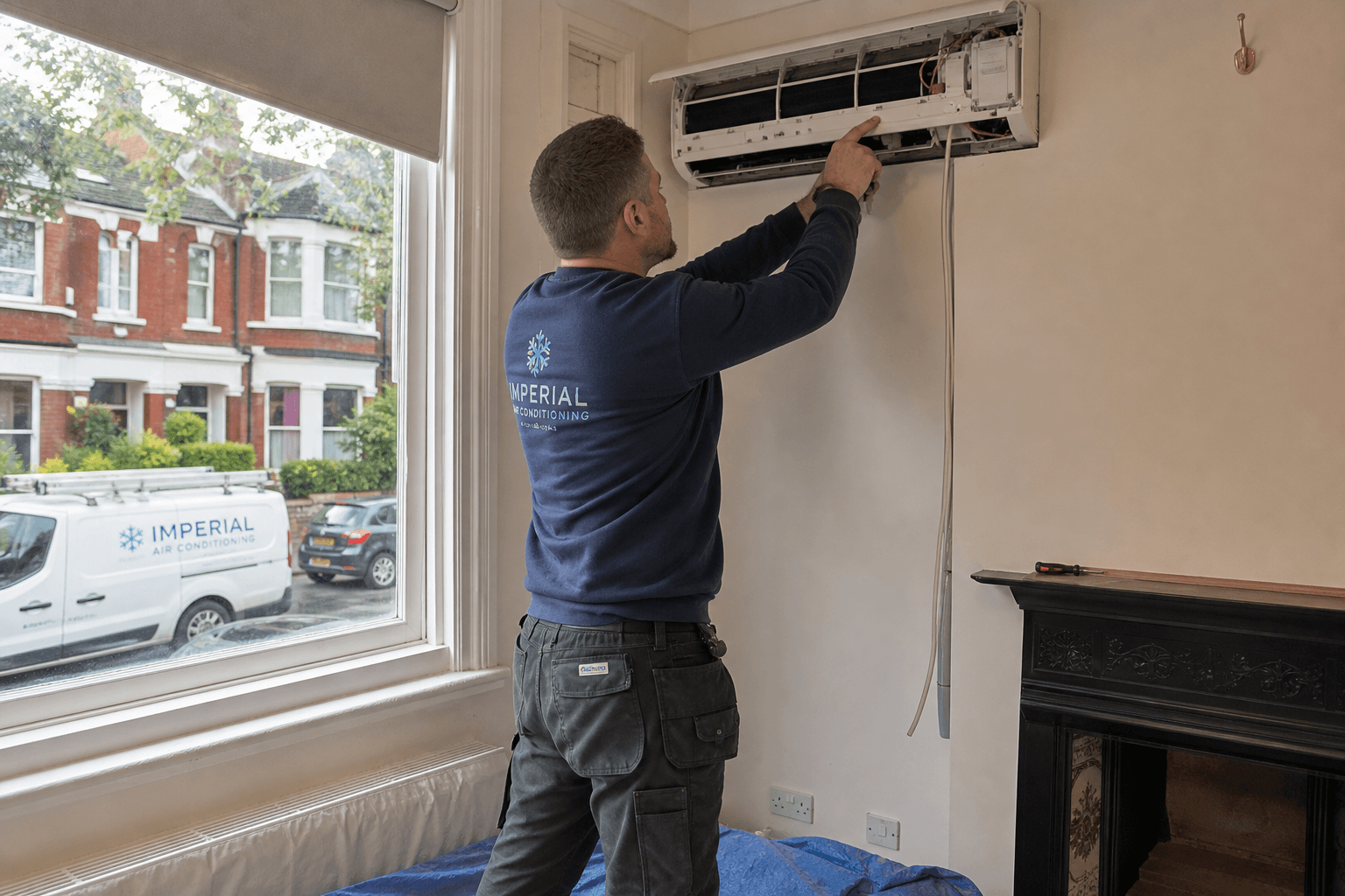 Engineer installing AC in a London terrace house
