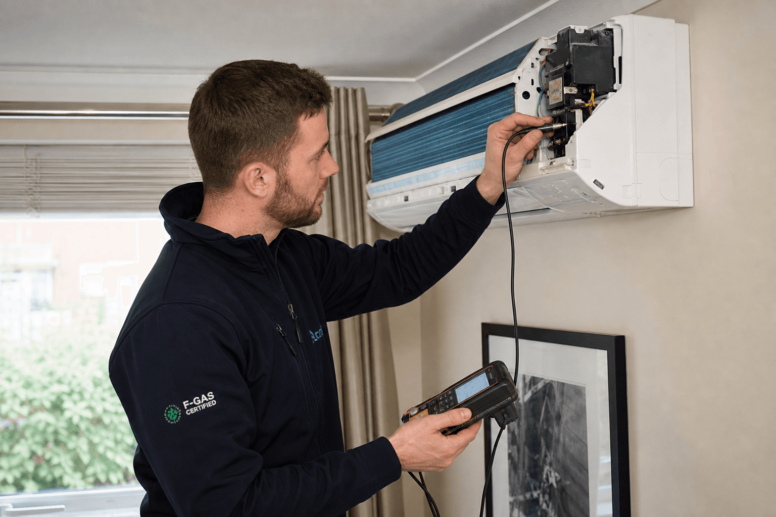 Engineer diagnosing an air conditioning unit fault